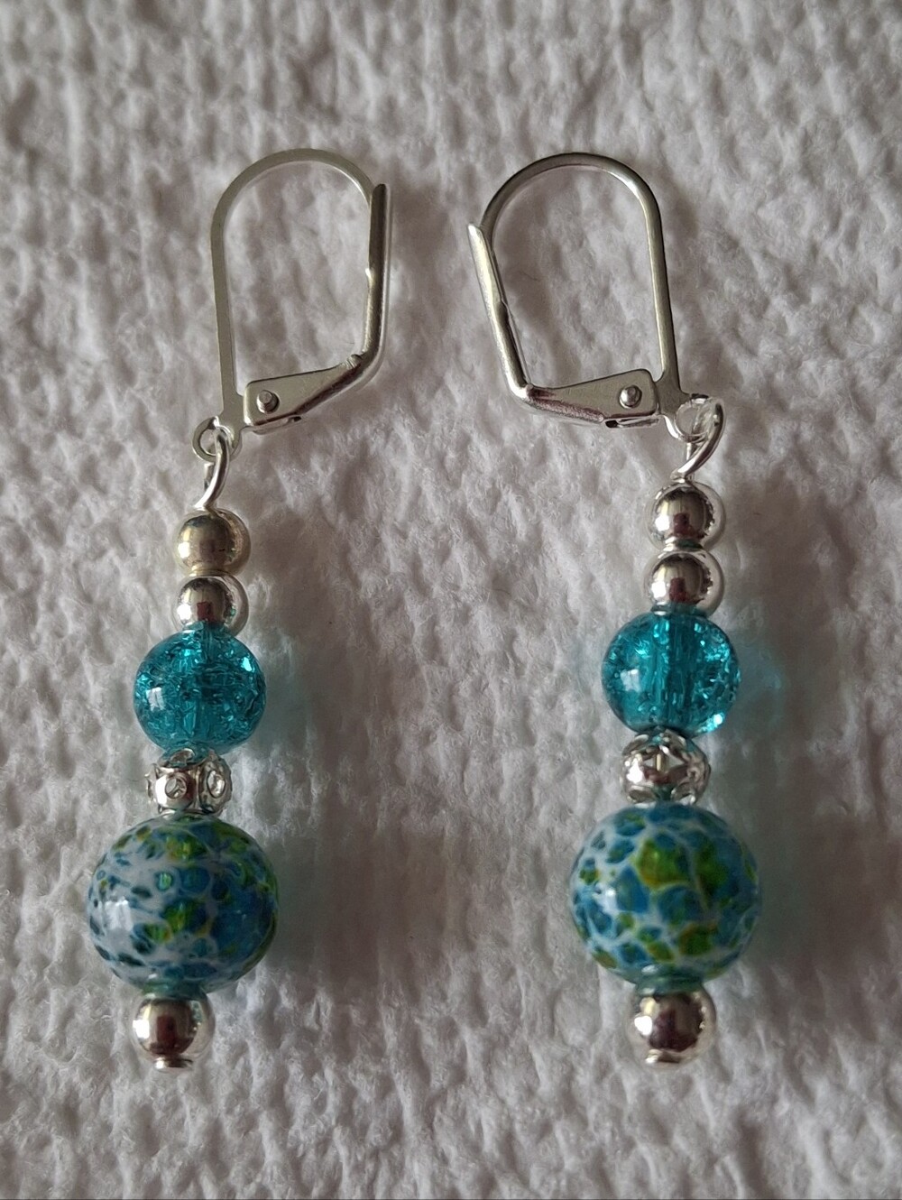 Silver-Tone Blue Green Bead Dangle Earrings